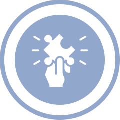 Puzzle piece and hand in circle icon.