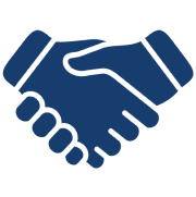 Blue handshake icon on white background.