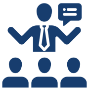 Person speaking to an audience, speech bubble.